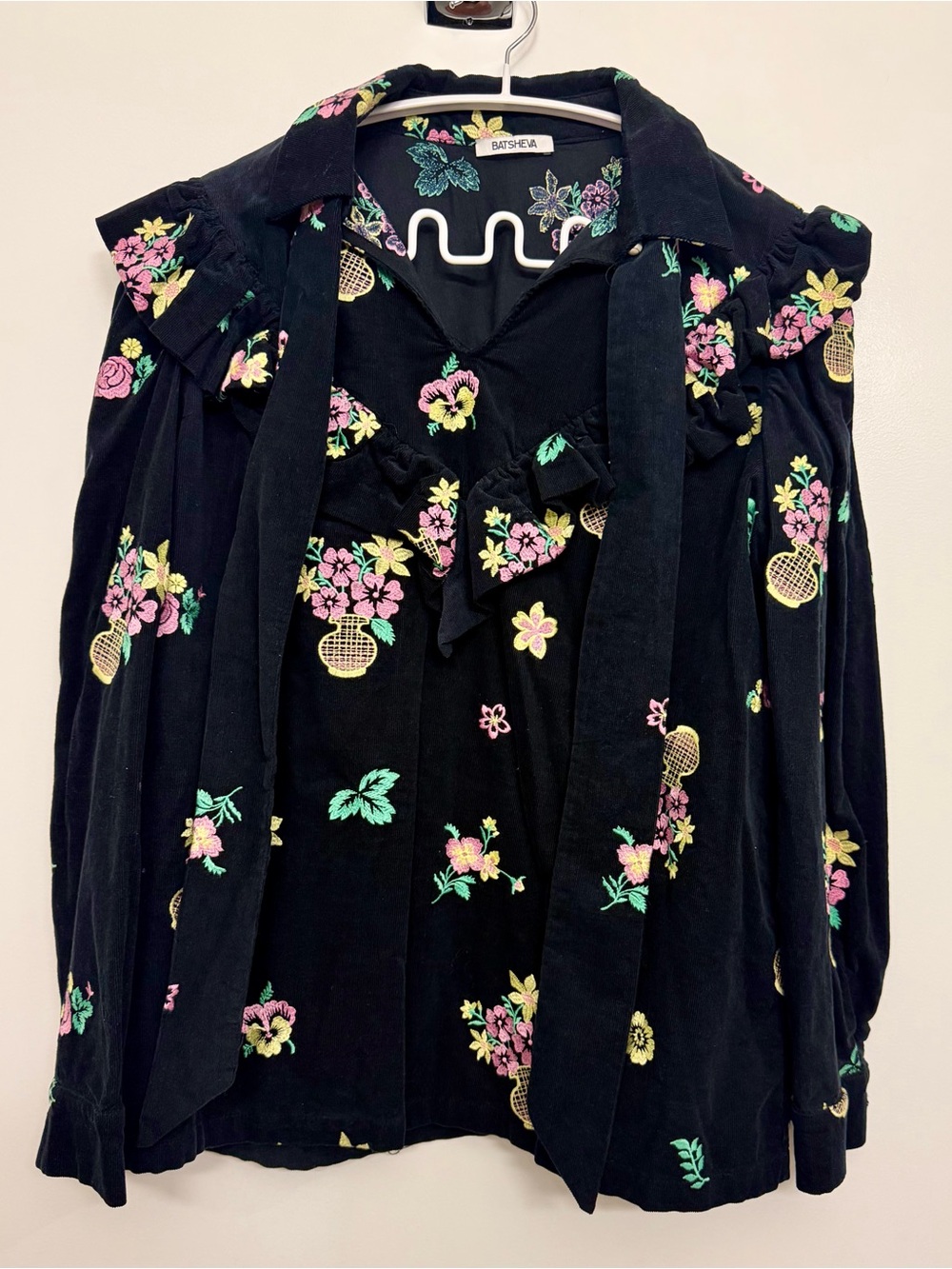Batsheva Black Floral Tie-Neck Blouse